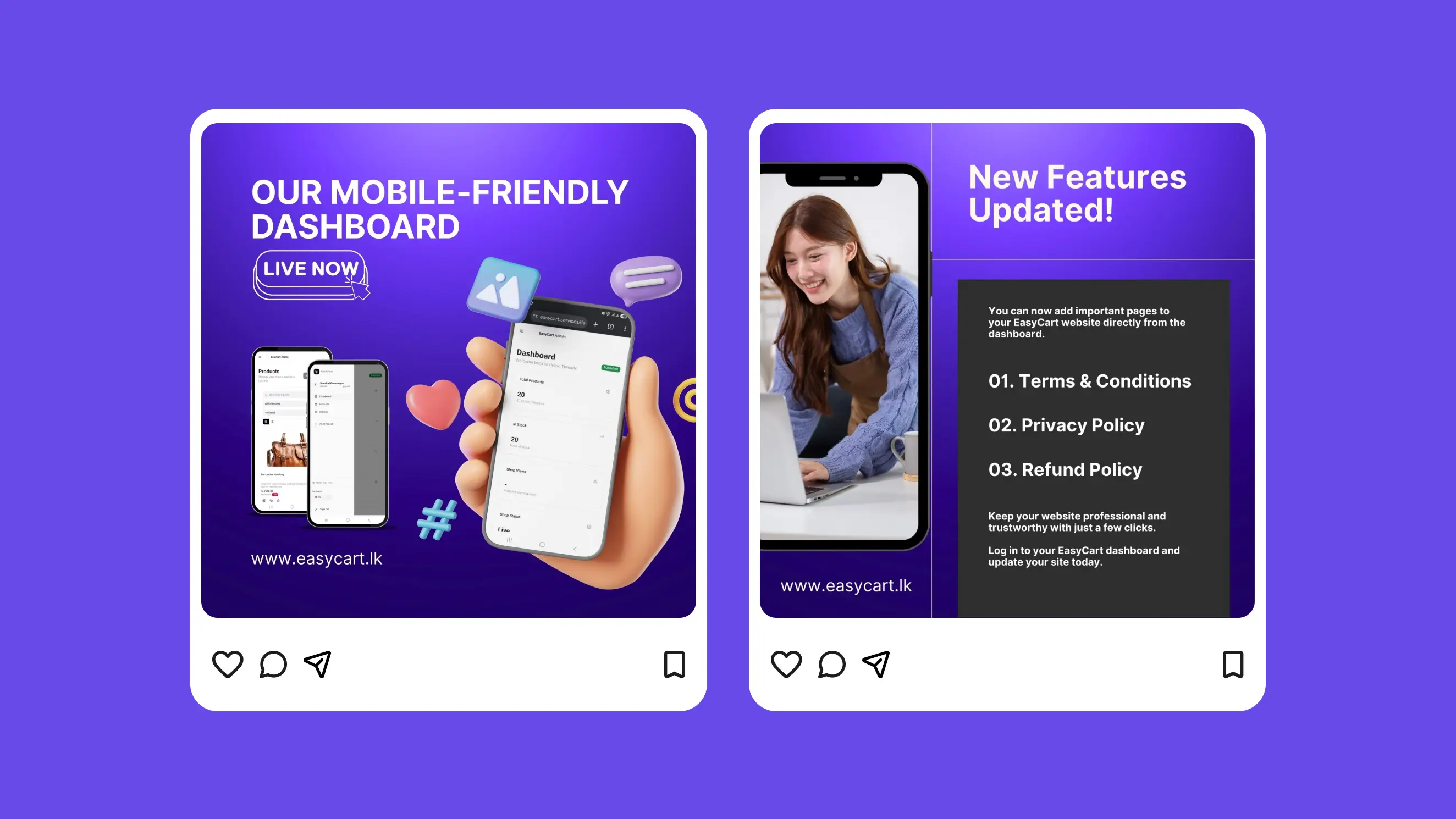 EasyCart social media posts showing mobile dashboard and new features update