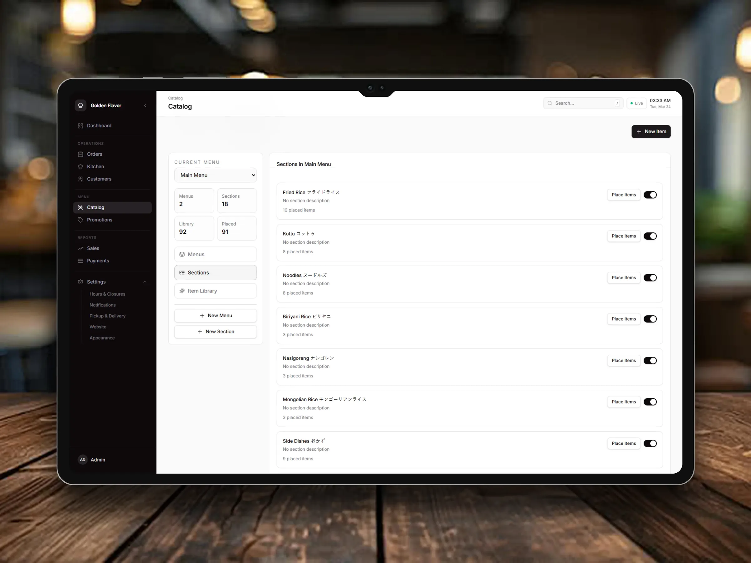 Golden Flavor kitchen display dashboard for managing orders