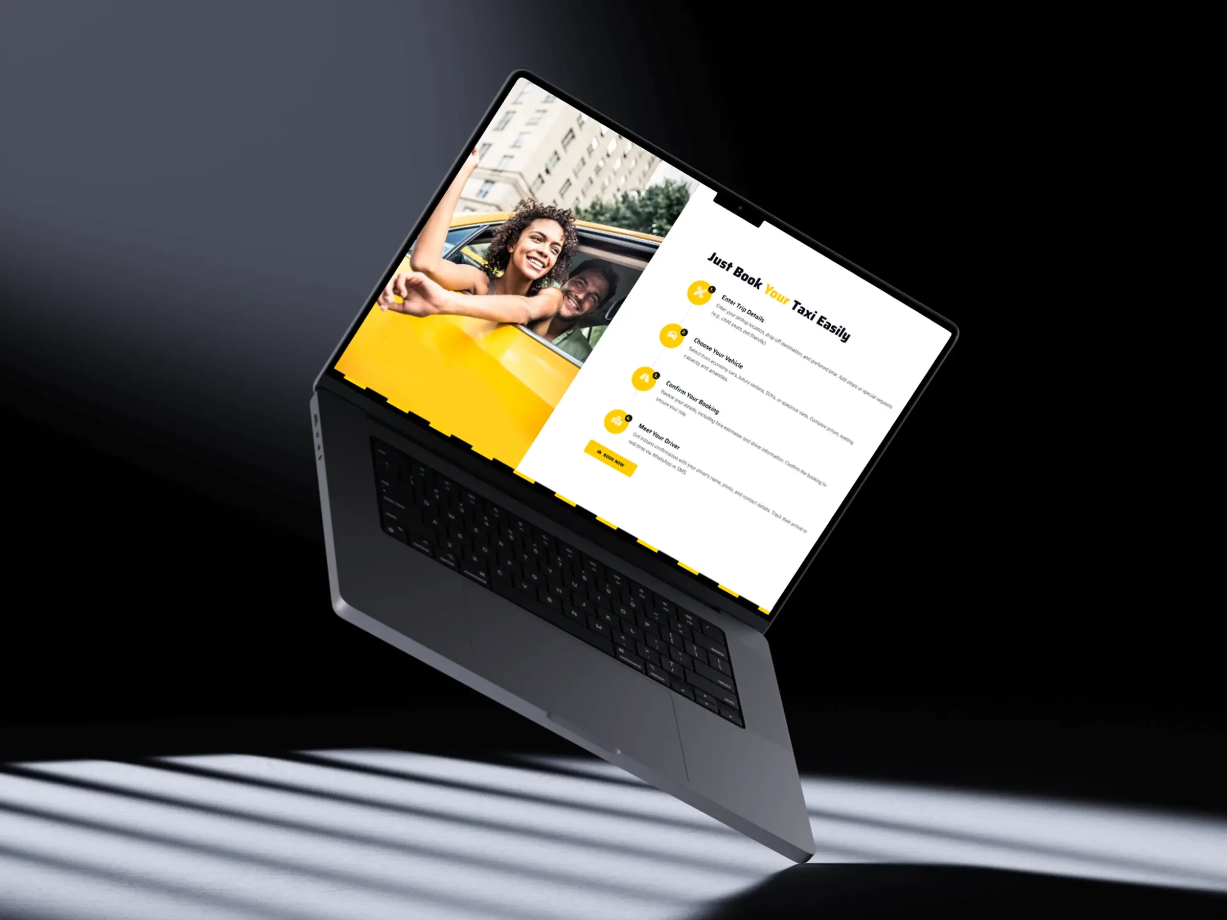 JoyCabs website on MacBook with booking steps
