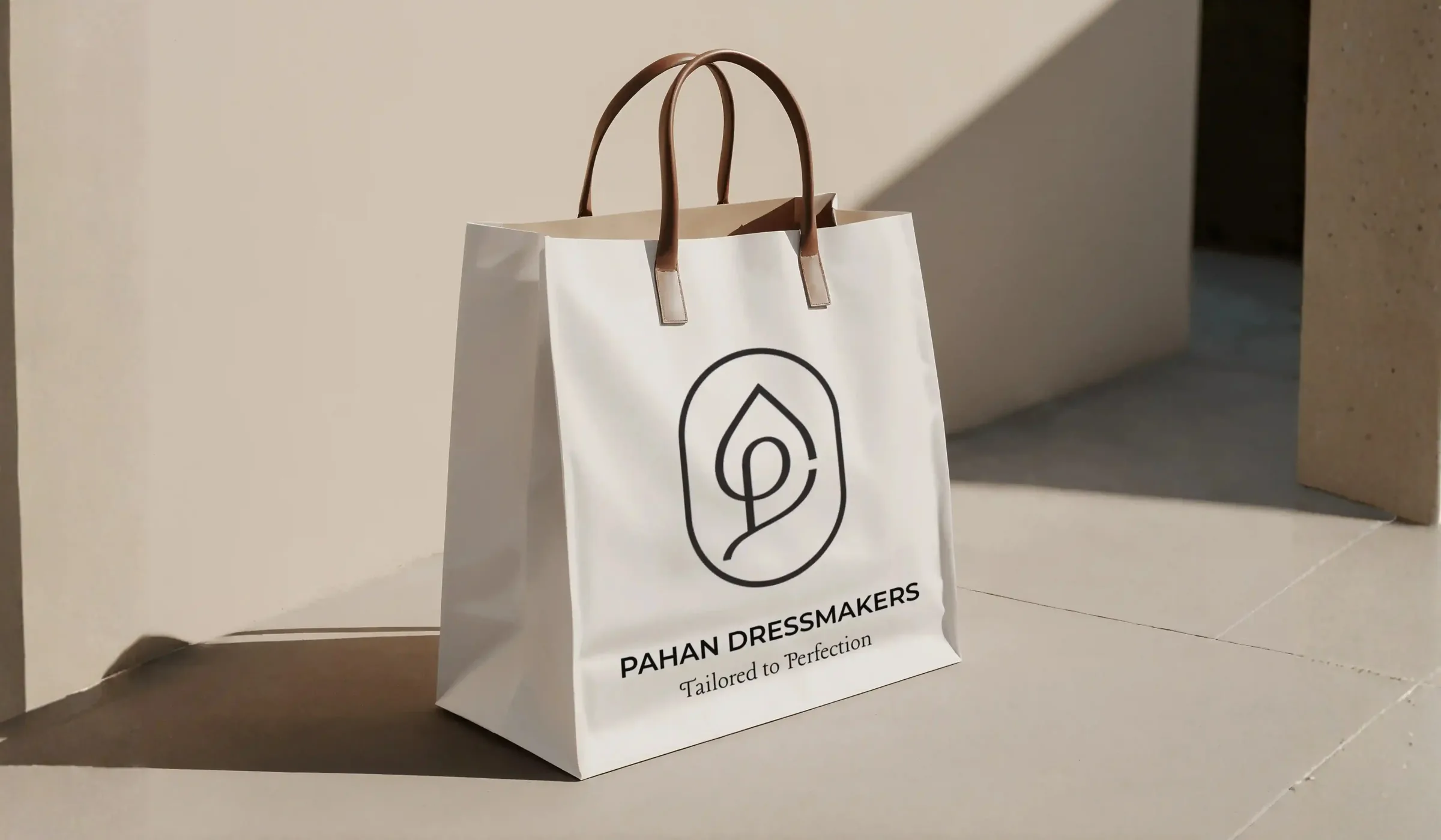 Pahan Dressmaker logo mockup on a branded shopping bag
